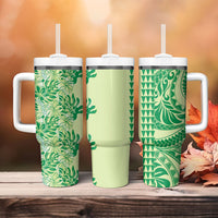 Lime Green Hibiscus Monstera Seamless Kakau Hawaii Tumbler With Handle LT14 - Polynesian Pride