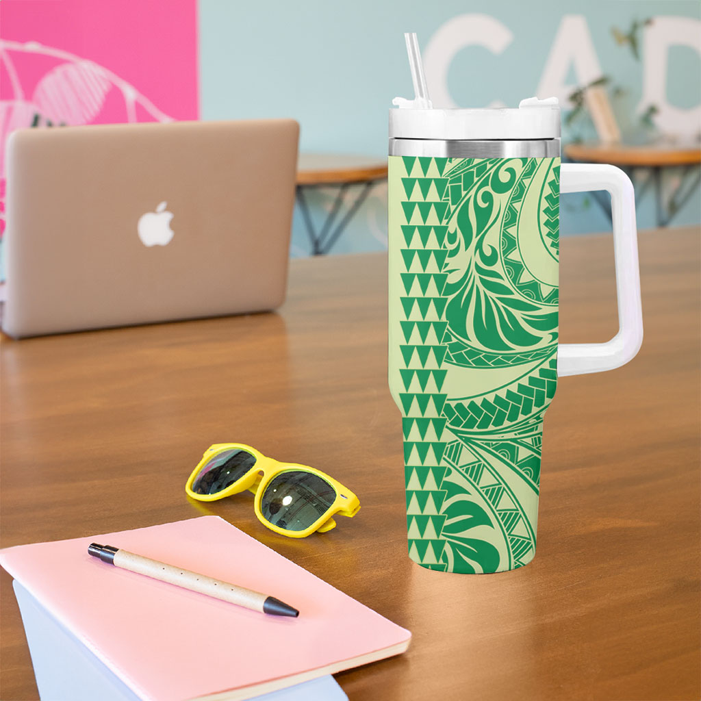 Lime Green Hibiscus Monstera Seamless Kakau Hawaii Tumbler With Handle LT14 - Polynesian Pride