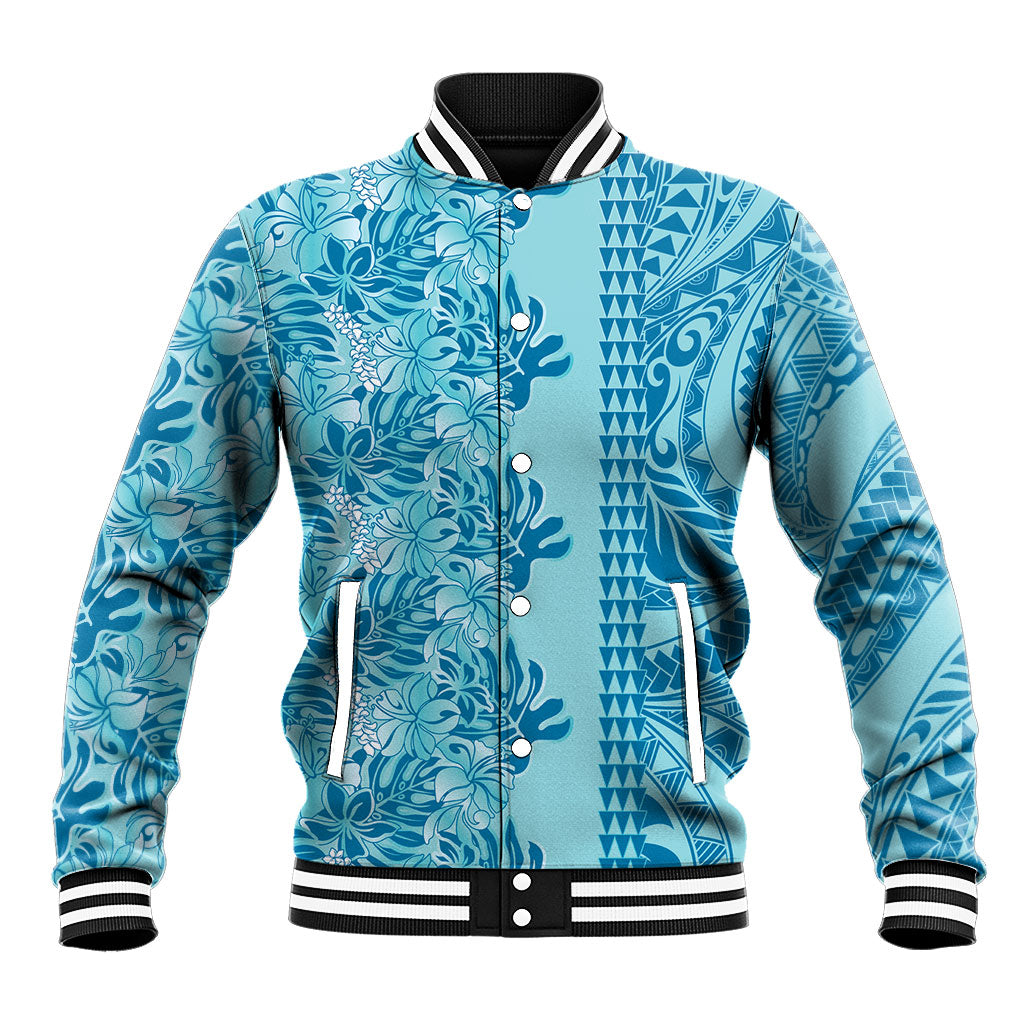 Cyan Hibiscus Monstera Seamless Kakau Hawaii Baseball Jacket