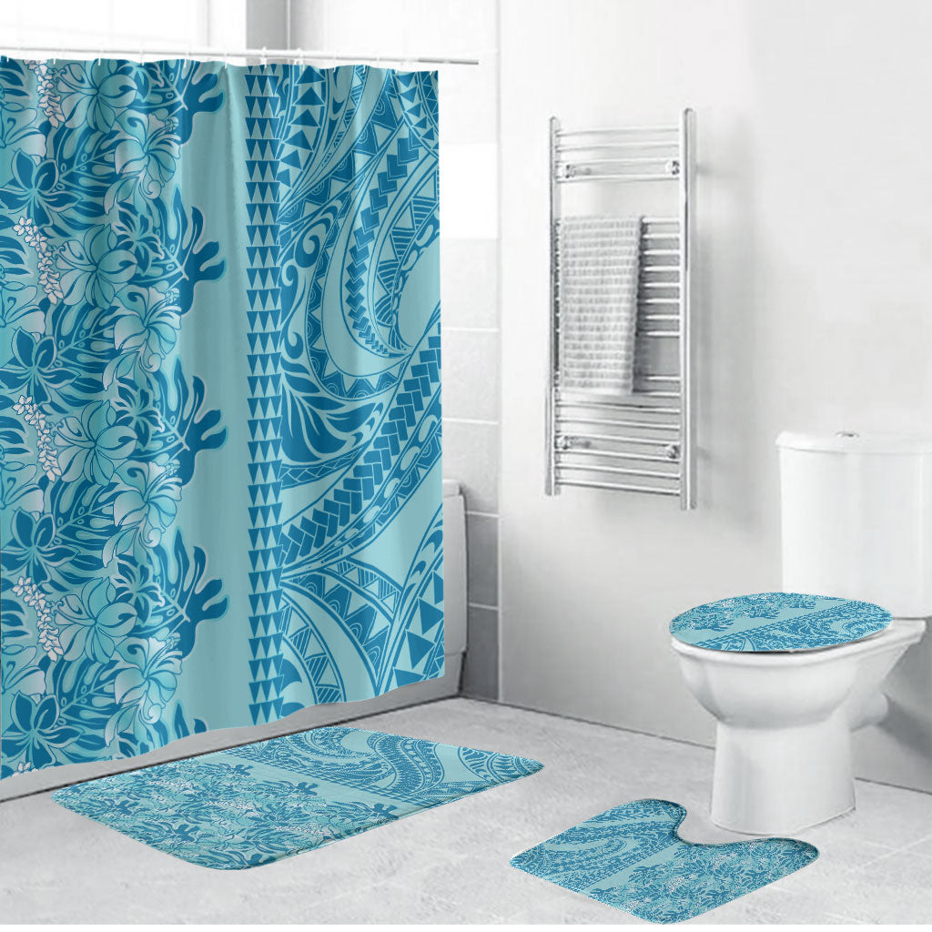 Cyan Hibiscus Monstera Seamless Kakau Hawaii Bathroom Set LT14 Bathroom Set (4 pcs) Cyan - Polynesian Pride