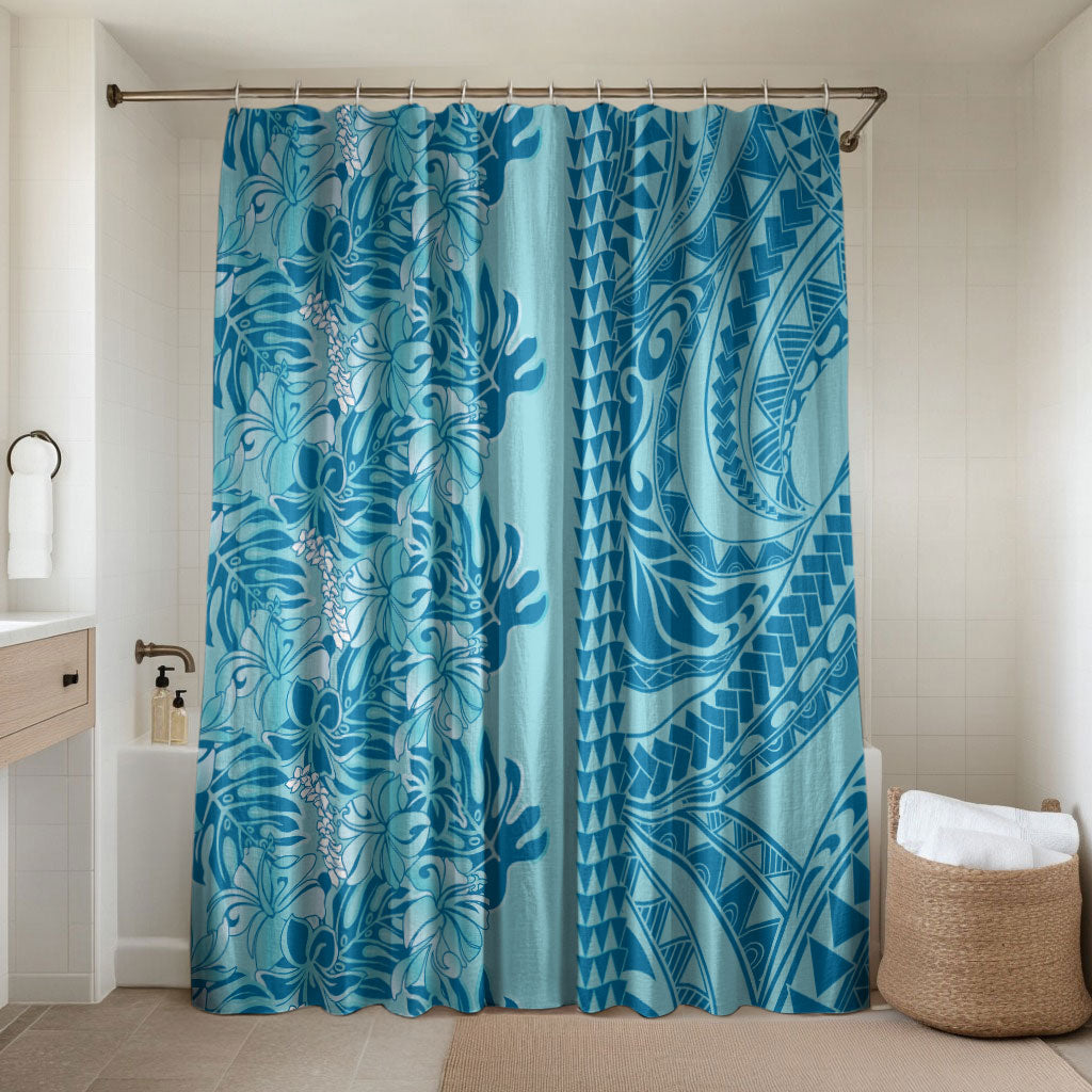 Cyan Hibiscus Monstera Seamless Kakau Hawaii Bathroom Set LT14 Shower Curtain Only Cyan - Polynesian Pride