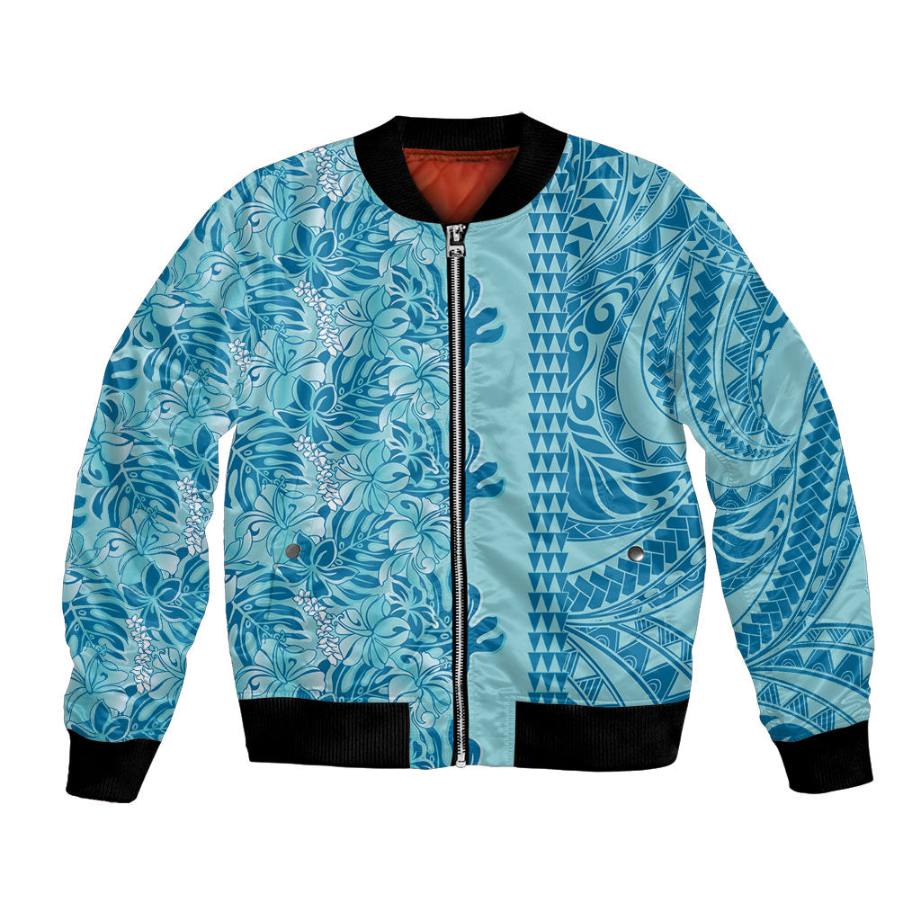 Cyan Hibiscus Monstera Seamless Kakau Hawaii Bomber Jacket
