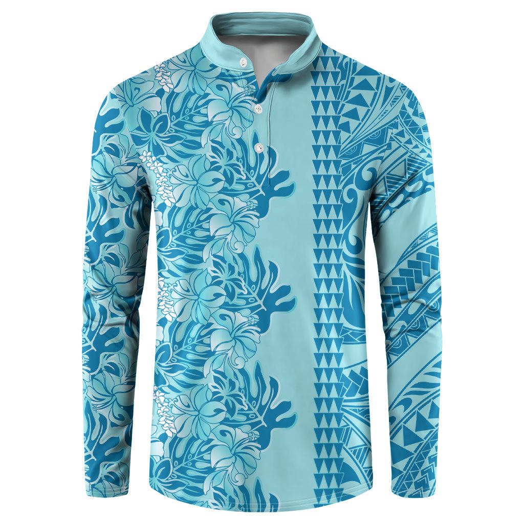Cyan Hibiscus Monstera Seamless Kakau Hawaii Button Sweatshirt