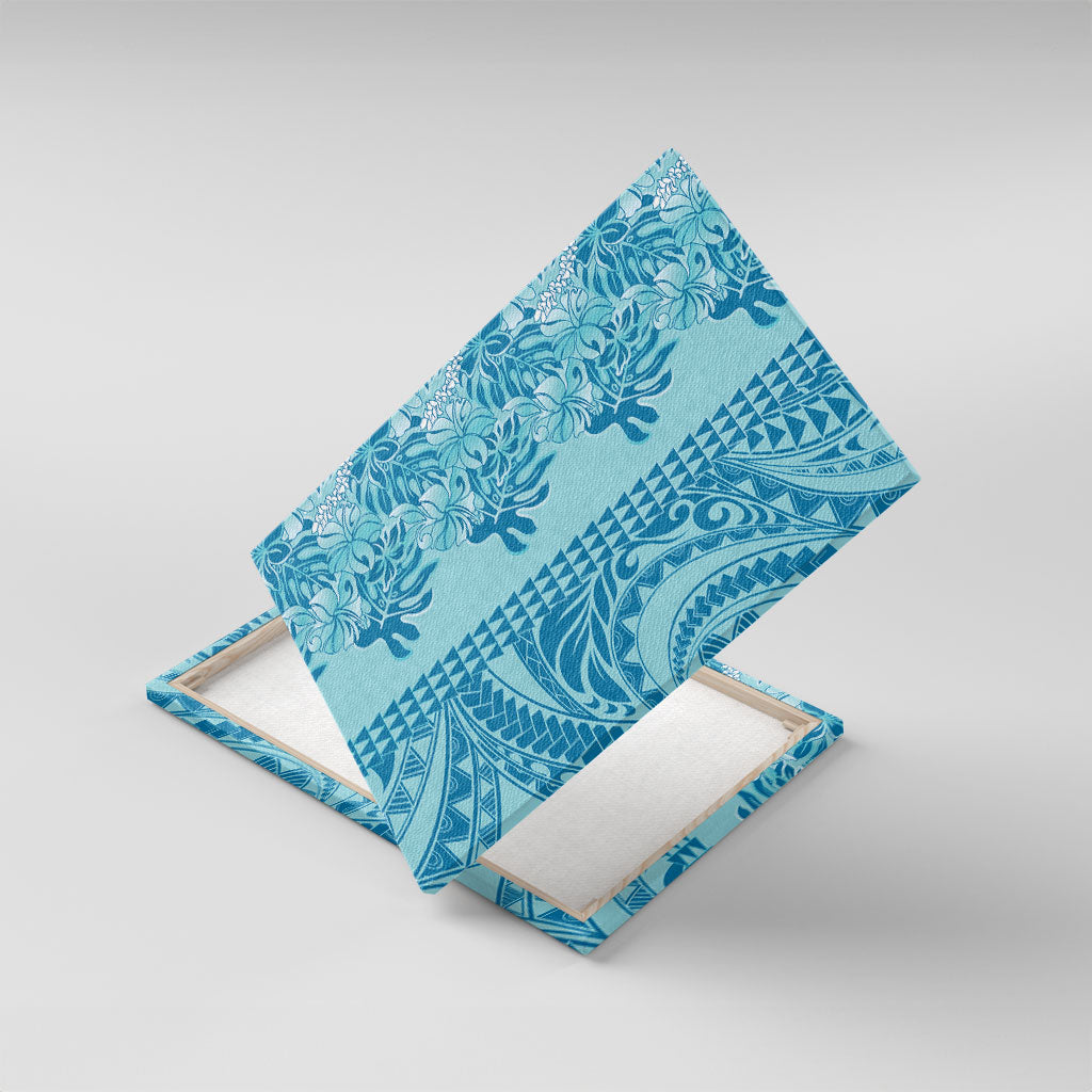 Cyan Hibiscus Monstera Seamless Kakau Hawaii Canvas Wall Art LT14 With Frame Cyan - Polynesian Pride