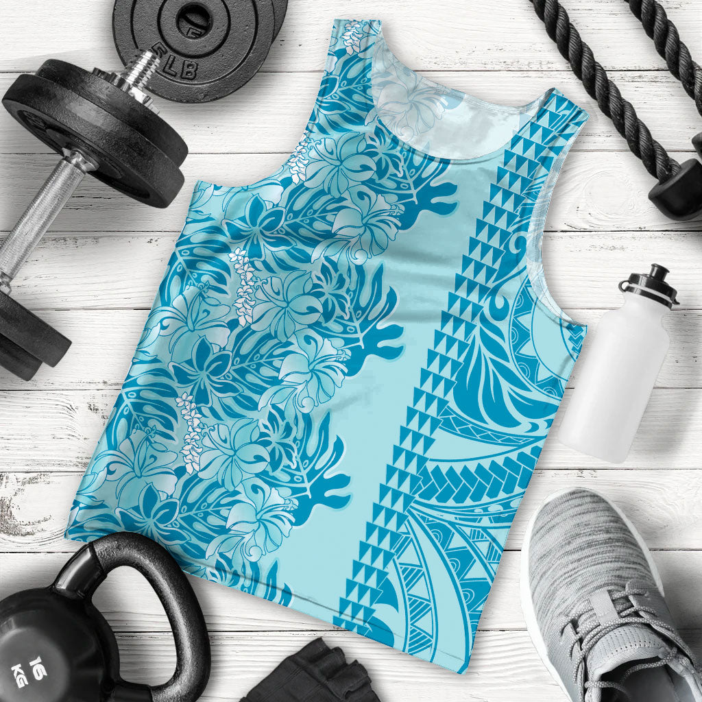 Cyan Hibiscus Monstera Seamless Kakau Hawaii Men Tank Top LT14 - Polynesian Pride