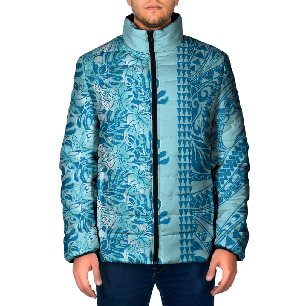Cyan Hibiscus Monstera Seamless Kakau Hawaii Padded Jacket