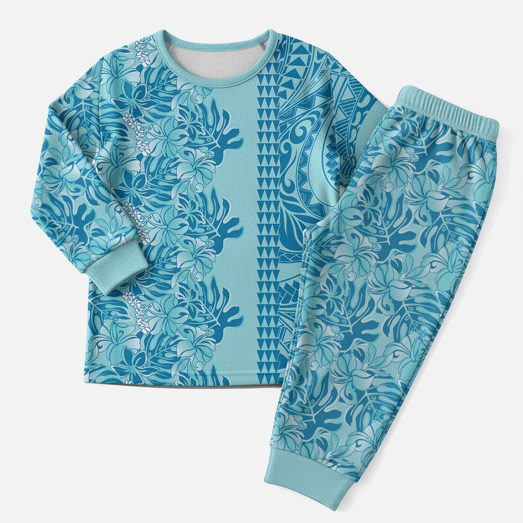 Cyan Hibiscus Monstera Seamless Kakau Hawaii Christmas Pajama Set