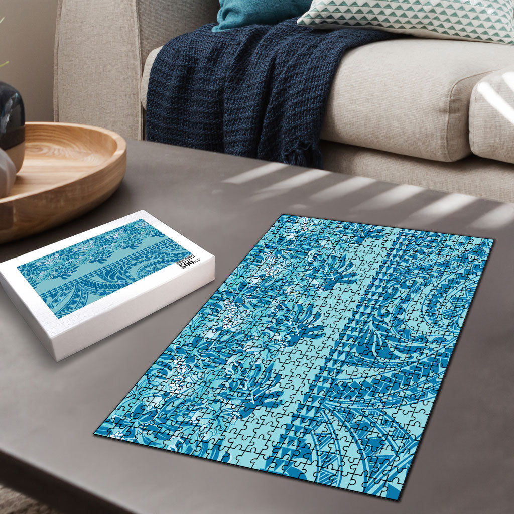 Cyan Hibiscus Monstera Seamless Kakau Hawaii Puzzle LT14 - Polynesian Pride