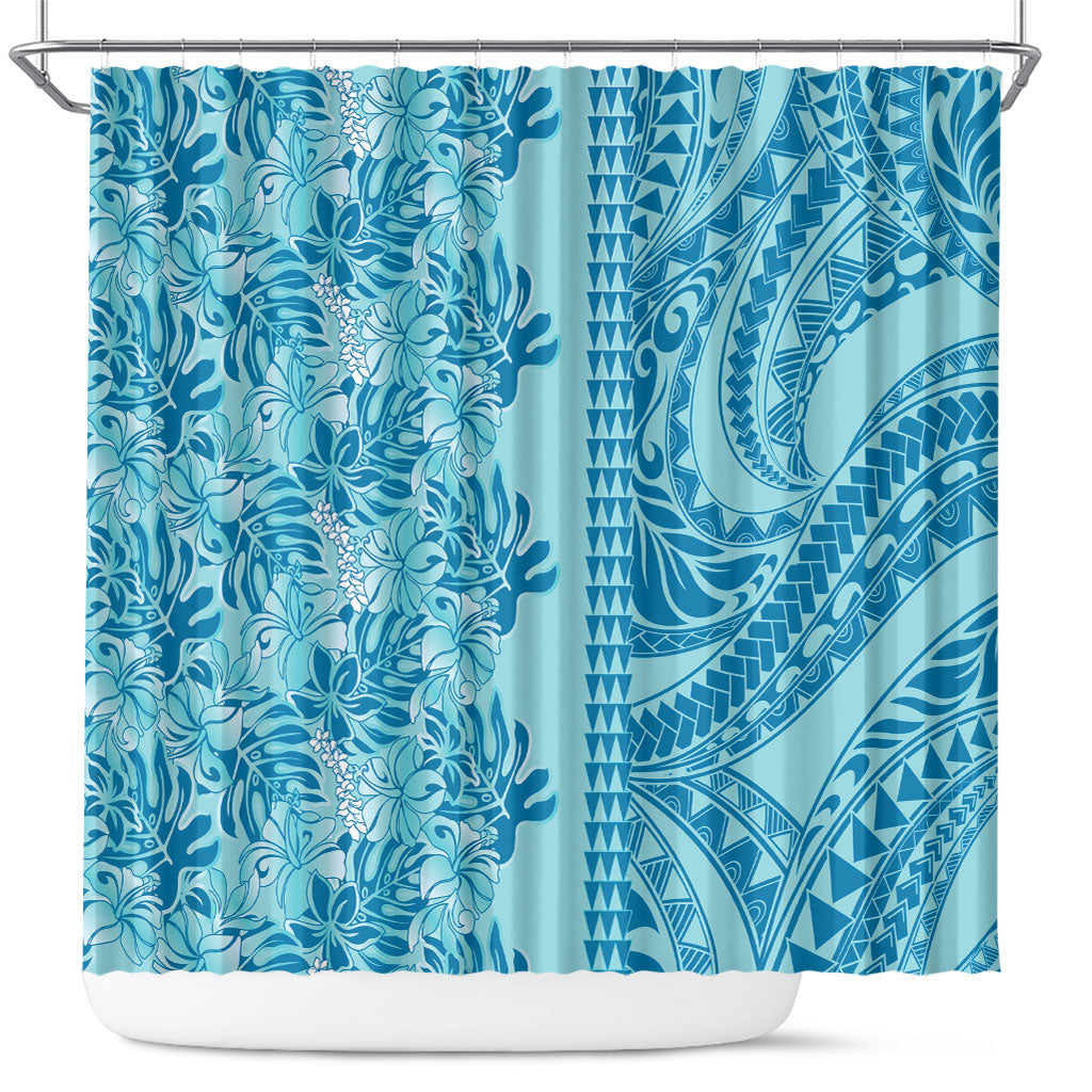 Cyan Hibiscus Monstera Seamless Kakau Hawaii Shower Curtain LT14 Cyan - Polynesian Pride