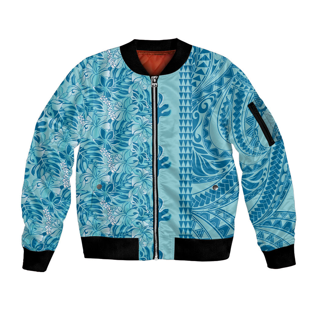 Cyan Hibiscus Monstera Seamless Kakau Hawaii Sleeve Zip Bomber Jacket