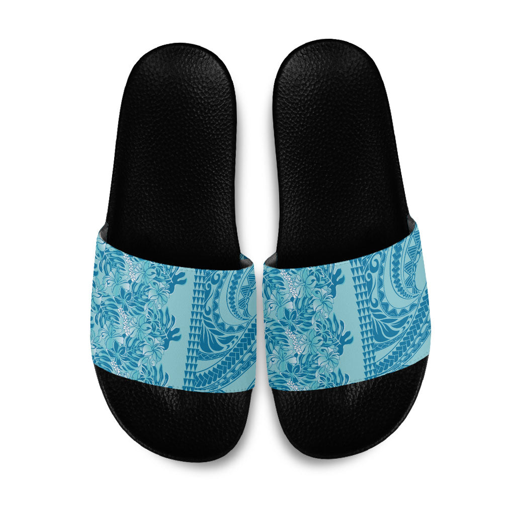 Cyan Hibiscus Monstera Seamless Kakau Hawaii Slide Sandals