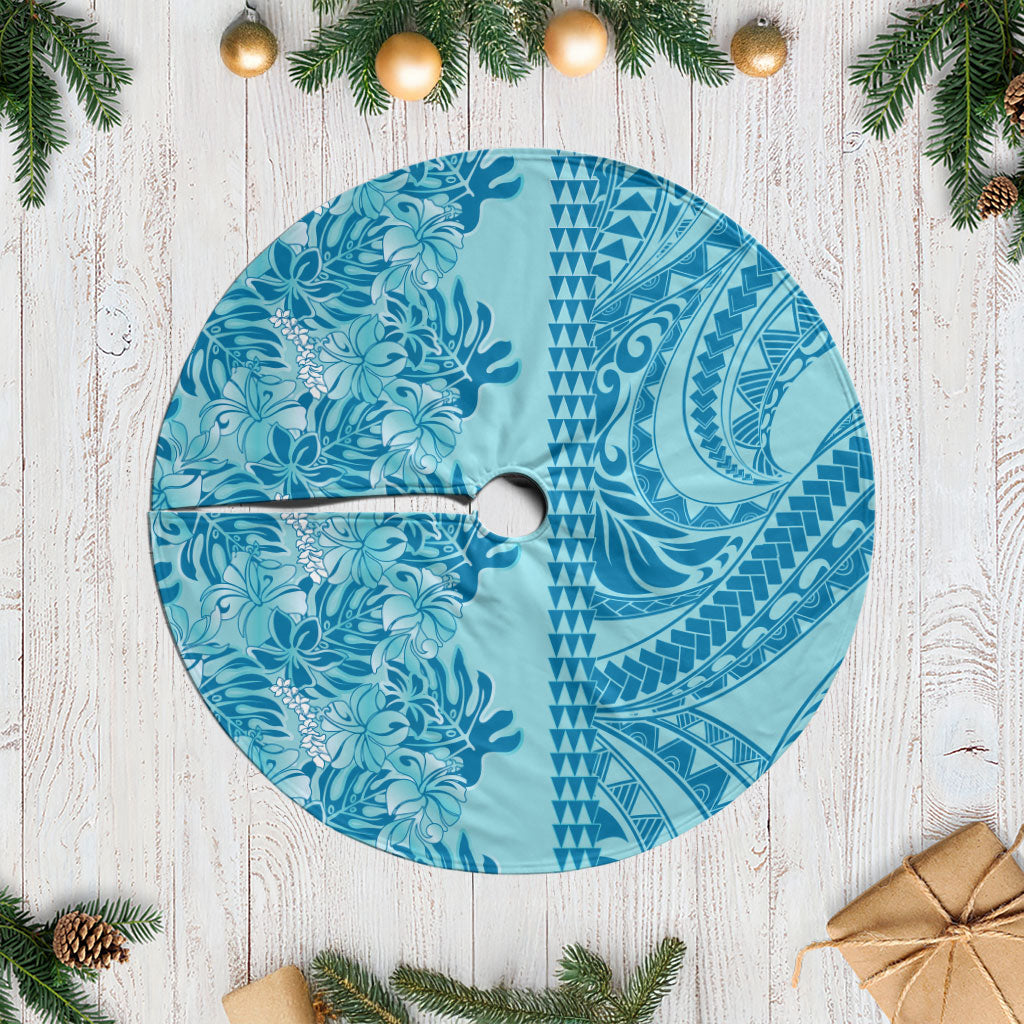 Cyan Hibiscus Monstera Seamless Kakau Hawaii Tree Skirt