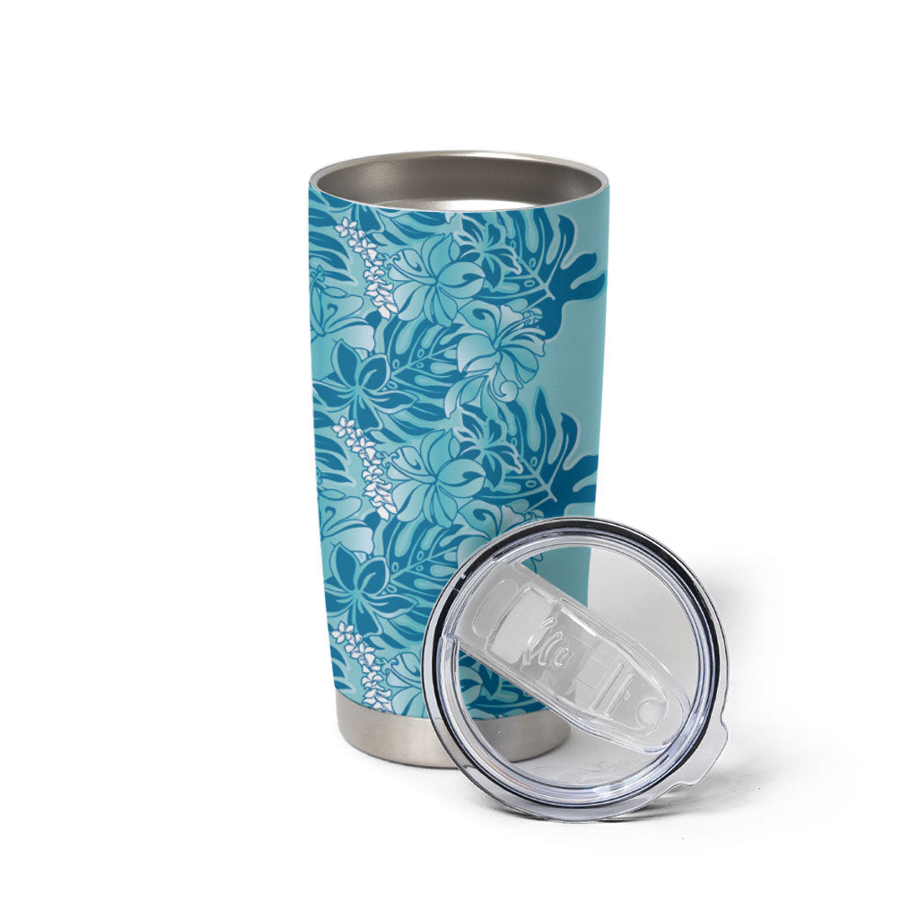 Cyan Hibiscus Monstera Seamless Kakau Hawaii Tumbler Cup LT14 - Polynesian Pride