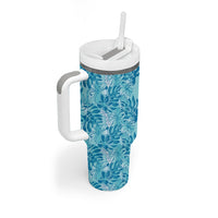 Cyan Hibiscus Monstera Seamless Kakau Hawaii Tumbler With Handle LT14 - Polynesian Pride