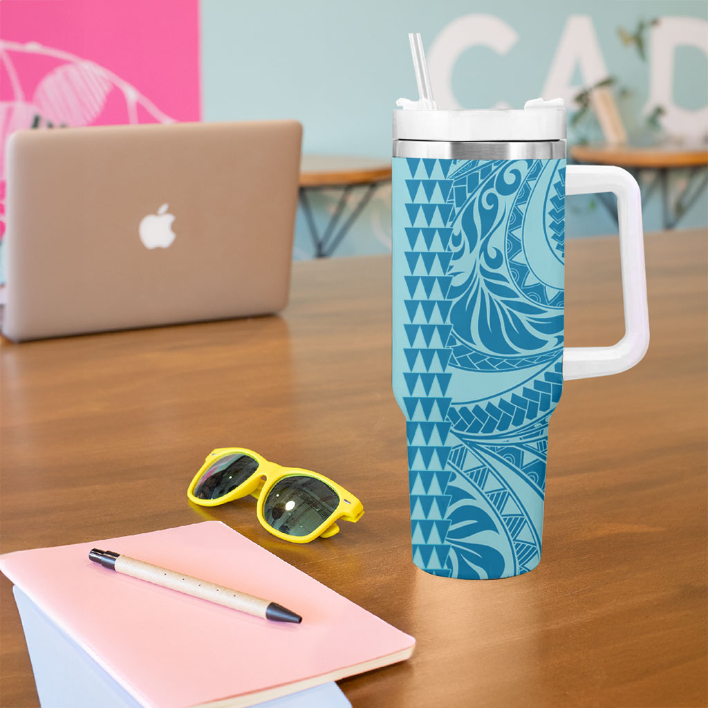 Cyan Hibiscus Monstera Seamless Kakau Hawaii Tumbler With Handle LT14 - Polynesian Pride