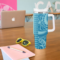 Cyan Hibiscus Monstera Seamless Kakau Hawaii Tumbler With Handle LT14 - Polynesian Pride