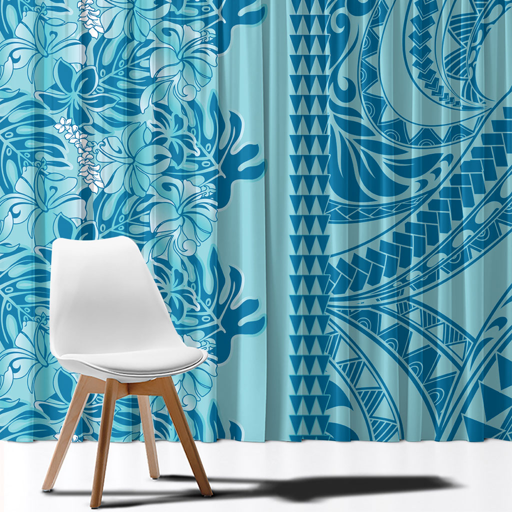 Cyan Hibiscus Monstera Seamless Kakau Hawaii Window Curtain LT14 - Polynesian Pride