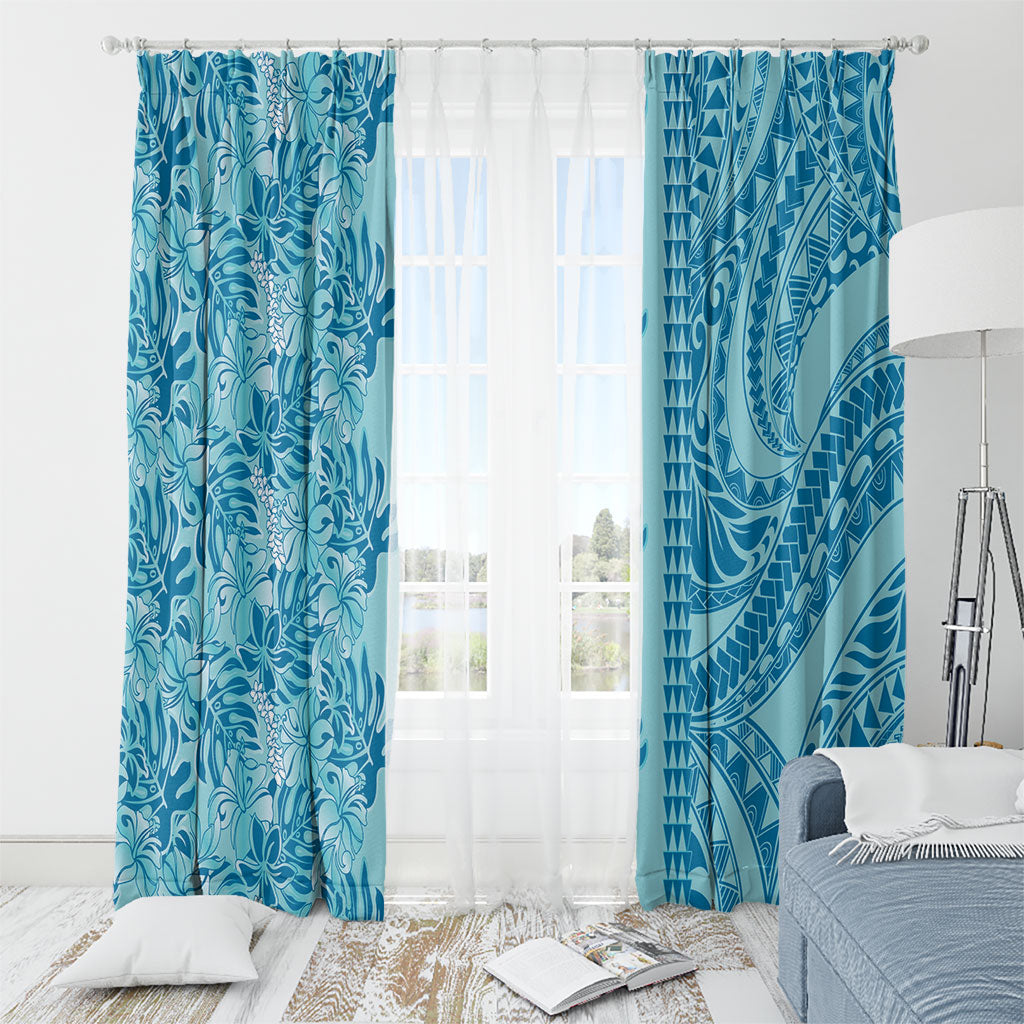 Cyan Hibiscus Monstera Seamless Kakau Hawaii Window Curtain LT14 - Polynesian Pride