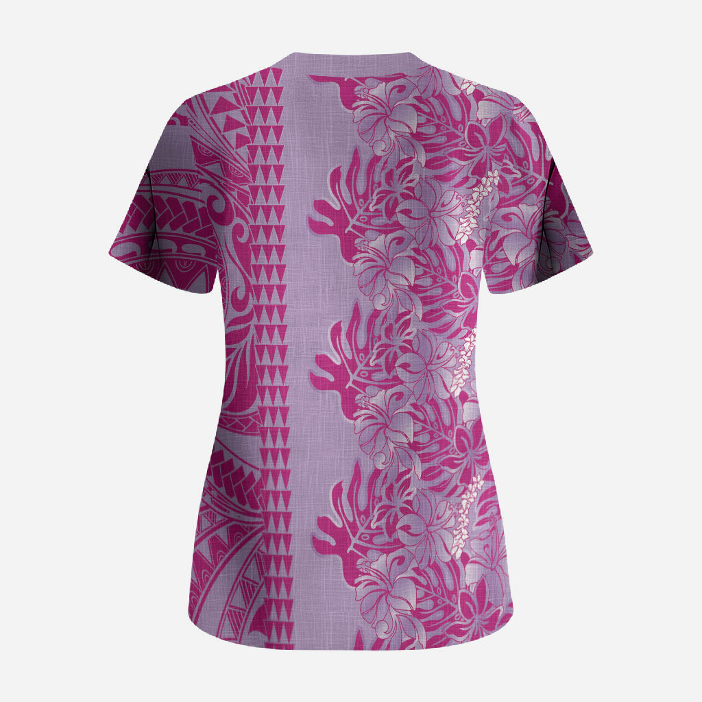 Purple Hibiscus Monstera Seamless Kakau Hawaii Scrub Top LT14 - Polynesian Pride