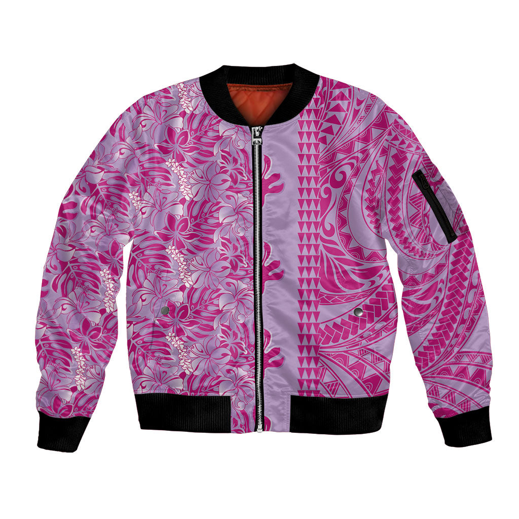 Purple Hibiscus Monstera Seamless Kakau Hawaii Sleeve Zip Bomber Jacket