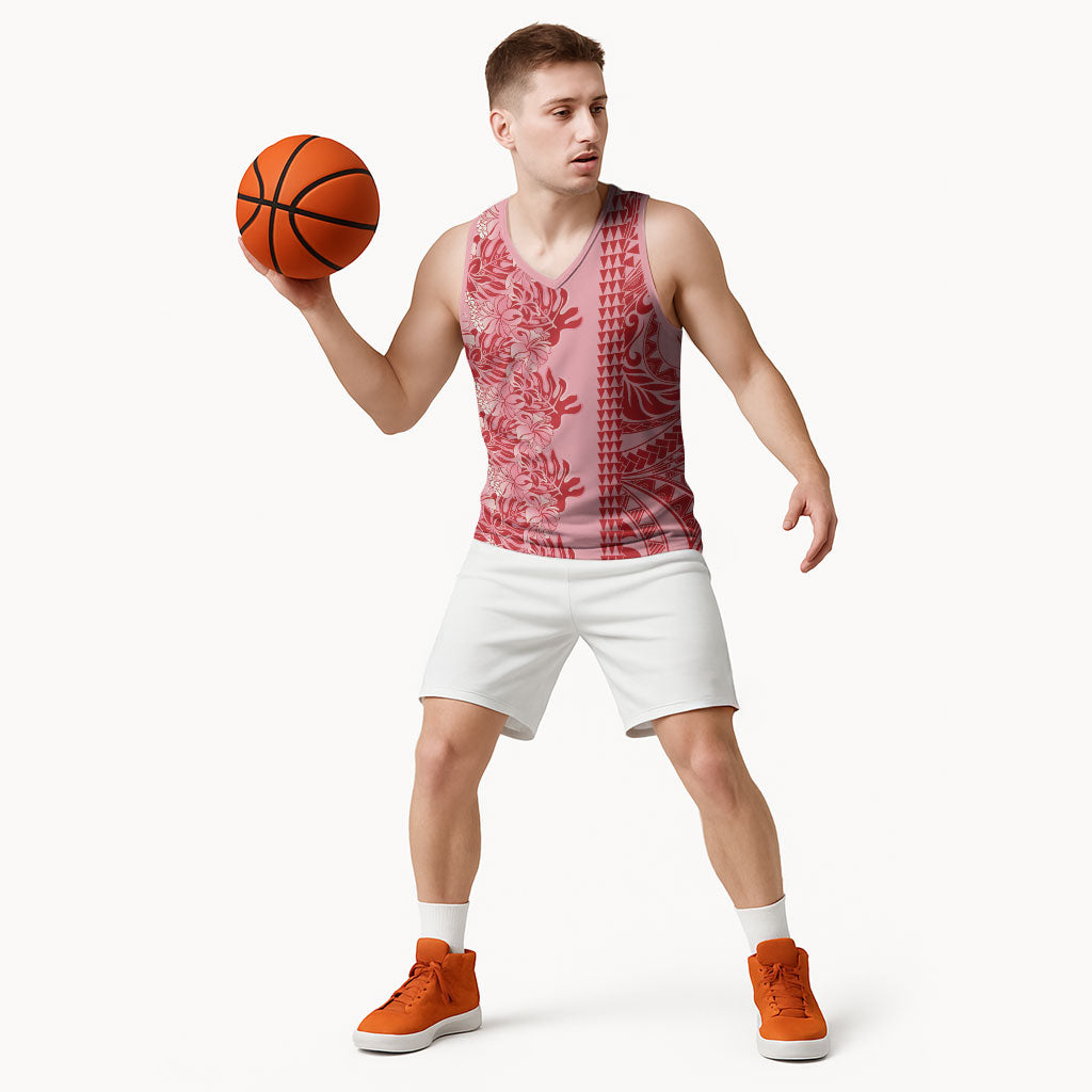 Red Hibiscus Monstera Seamless Kakau Hawaii Basketball Jersey LT14 - Polynesian Pride