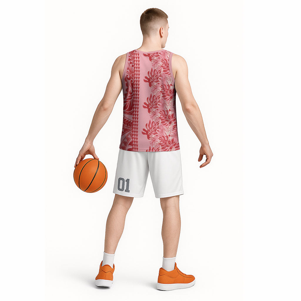 Red Hibiscus Monstera Seamless Kakau Hawaii Basketball Jersey LT14 - Polynesian Pride