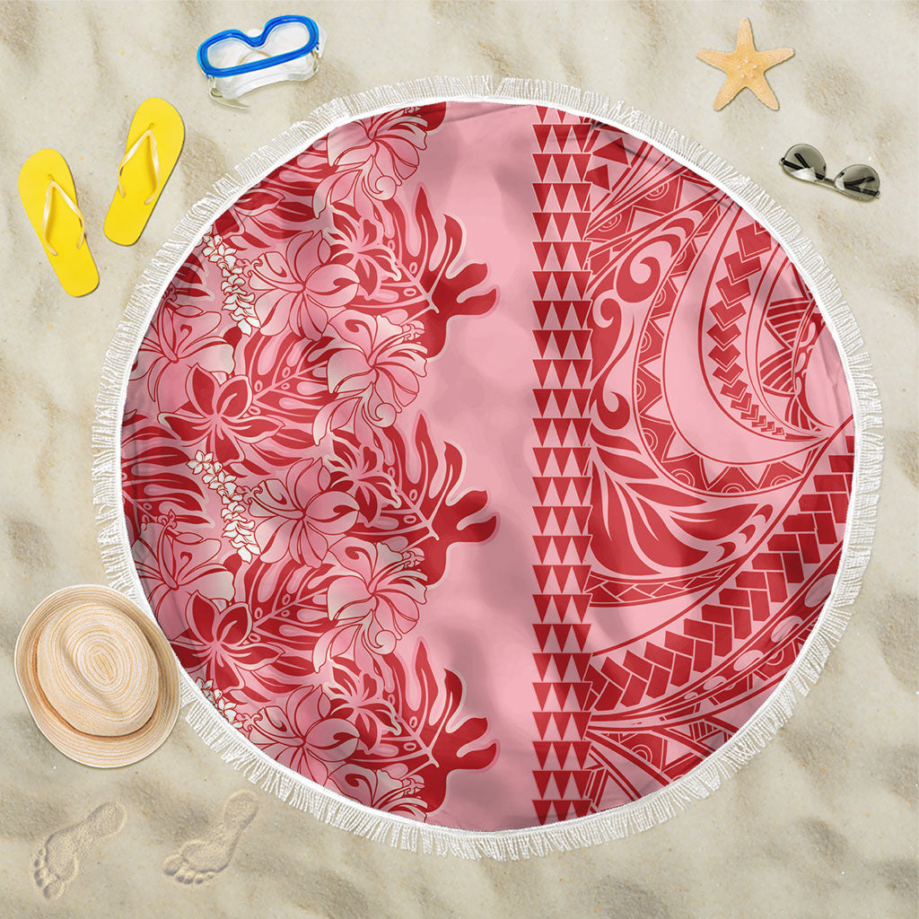 Red Hibiscus Monstera Seamless Kakau Hawaii Beach Blanket