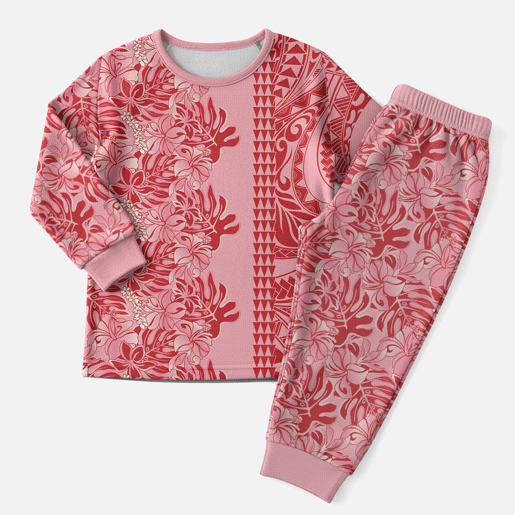 Red Hibiscus Monstera Seamless Kakau Hawaii Christmas Pajama Set