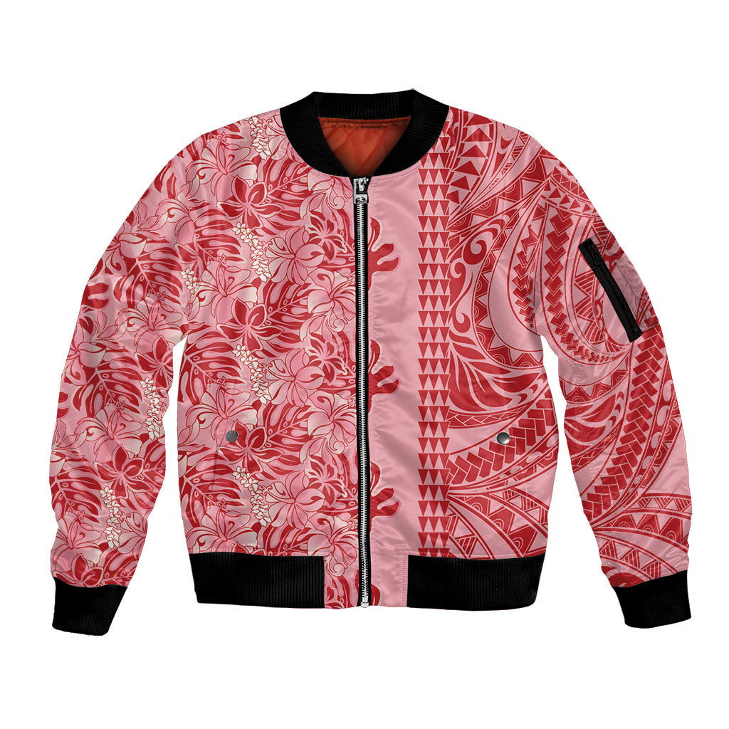 Red Hibiscus Monstera Seamless Kakau Hawaii Sleeve Zip Bomber Jacket