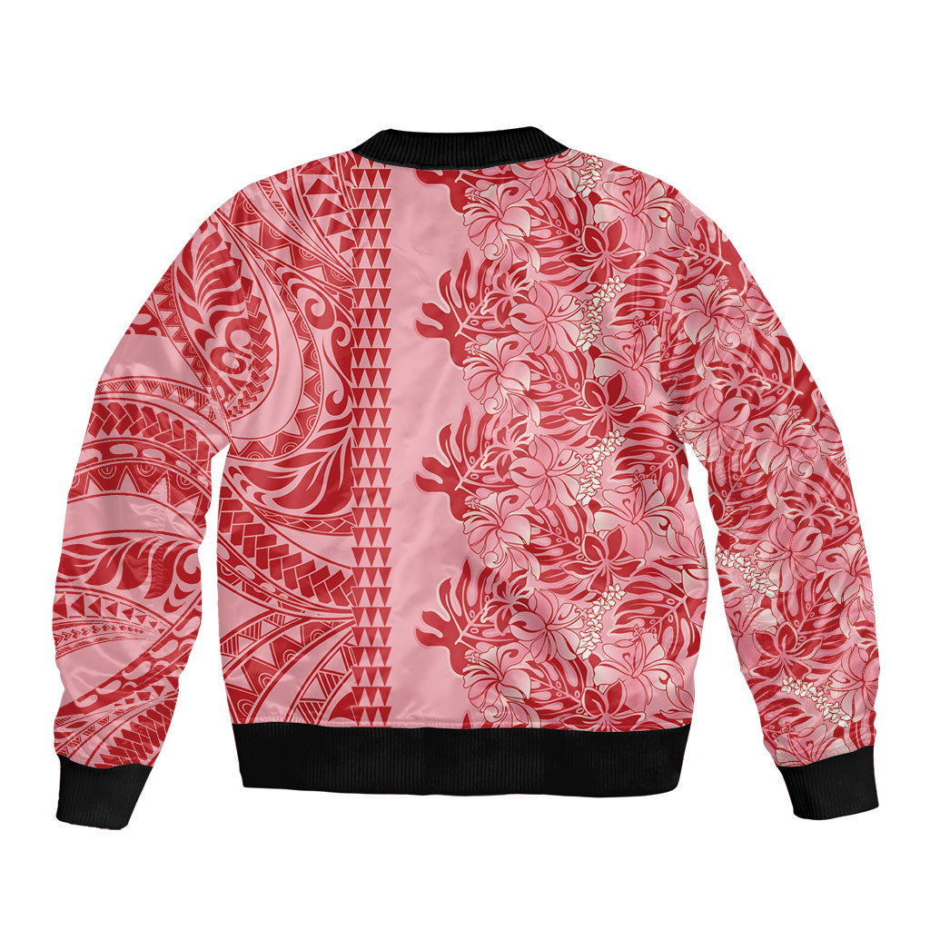 Red Hibiscus Monstera Seamless Kakau Hawaii Sleeve Zip Bomber Jacket LT14 - Polynesian Pride
