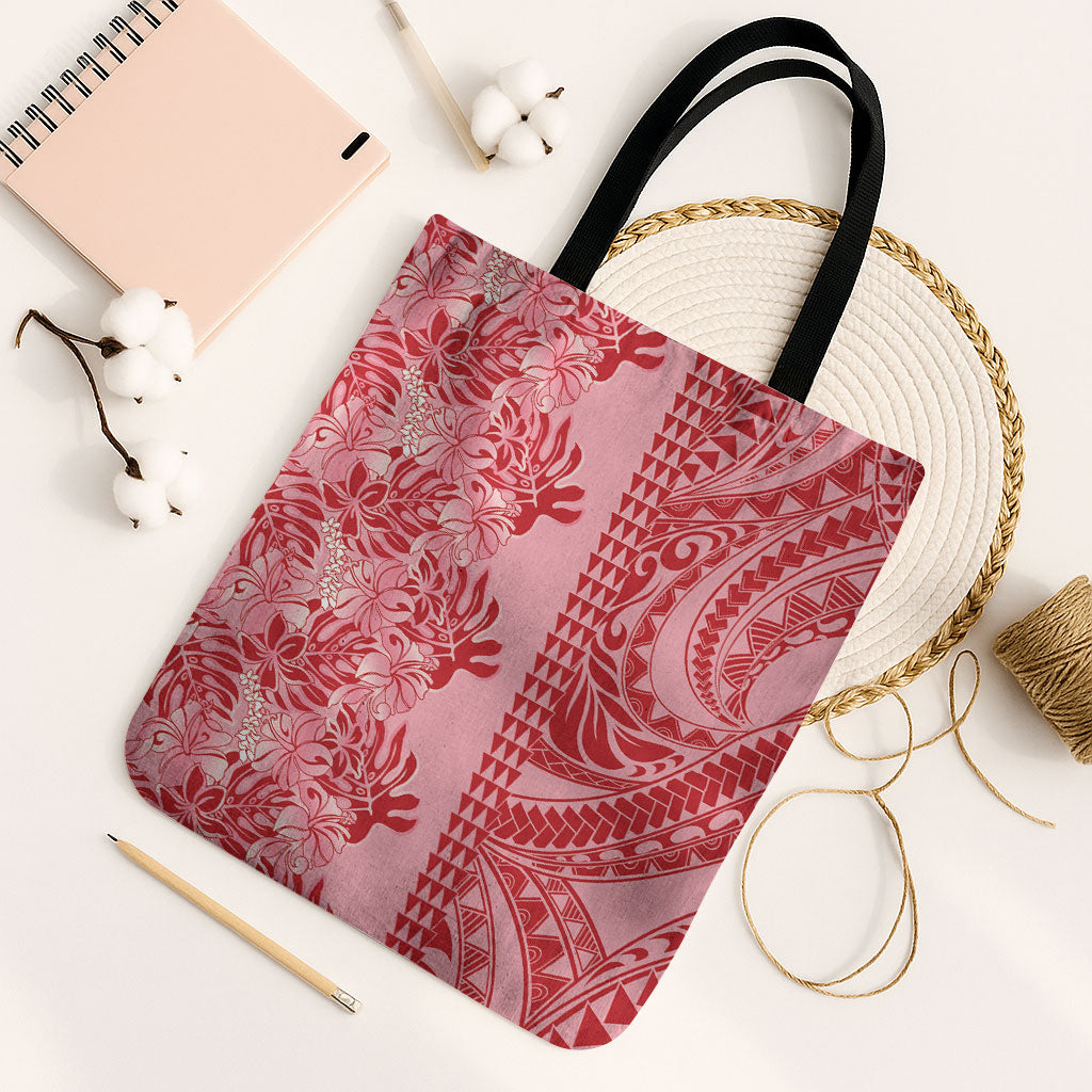 Red Hibiscus Monstera Seamless Kakau Hawaii Tote Bag