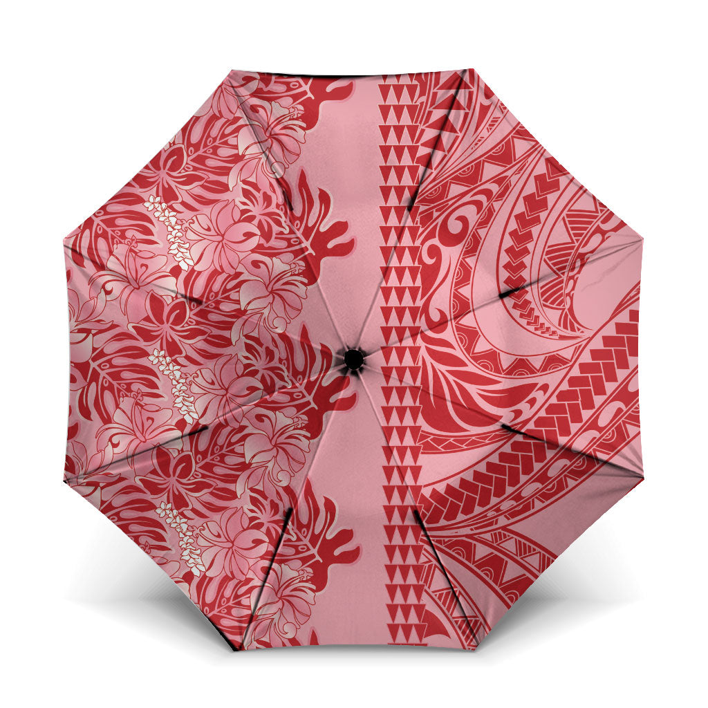 Red Hibiscus Monstera Seamless Kakau Hawaii Umbrella