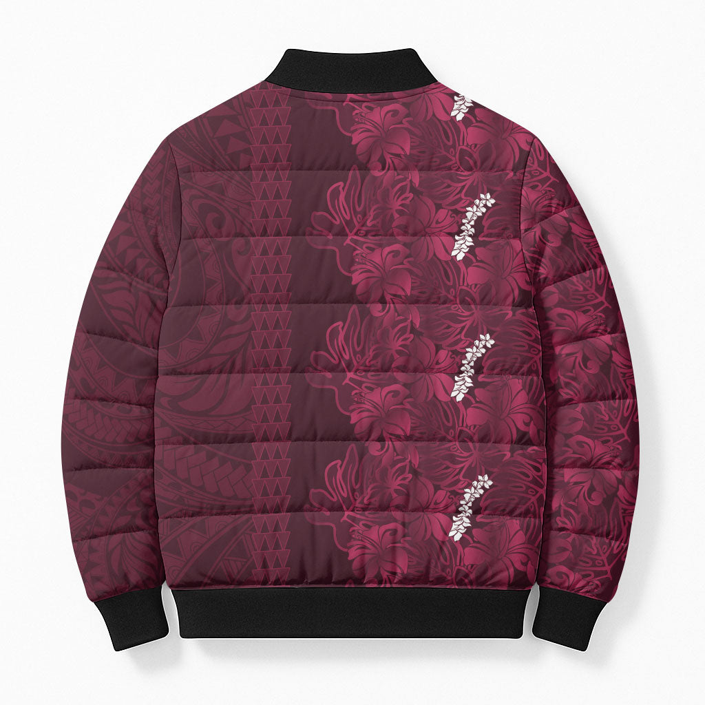 Burgundy Hibiscus Monstera Seamless Kakau Hawaii Bomber Puffer Jacket LT14 - Polynesian Pride