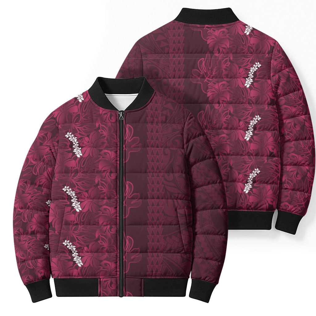 Burgundy Hibiscus Monstera Seamless Kakau Hawaii Bomber Puffer Jacket LT14 - Polynesian Pride