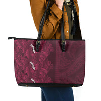 Burgundy Hibiscus Monstera Seamless Kakau Hawaii Leather Tote Bag LT14 - Polynesian Pride
