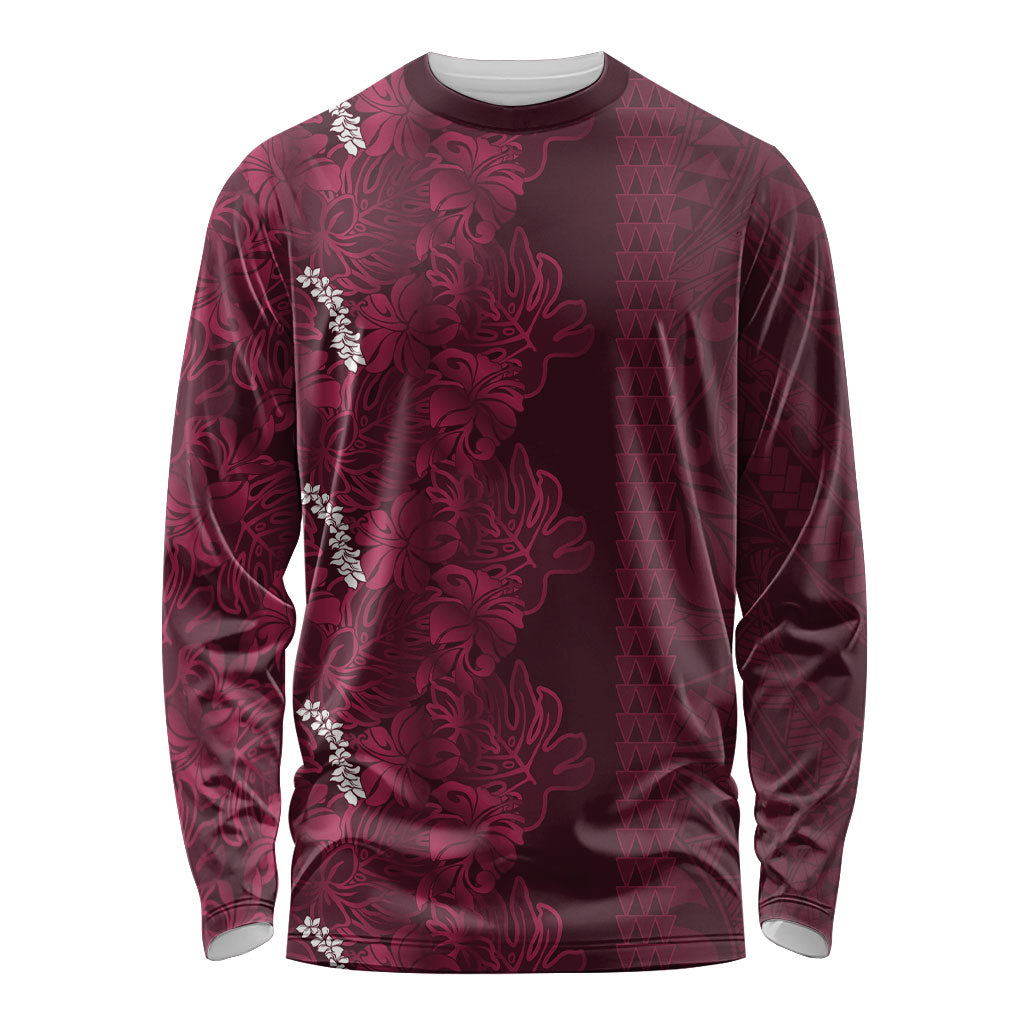 Burgundy Hibiscus Monstera Seamless Kakau Hawaii Long Sleeve Shirt LT14 Unisex Burgundy - Polynesian Pride