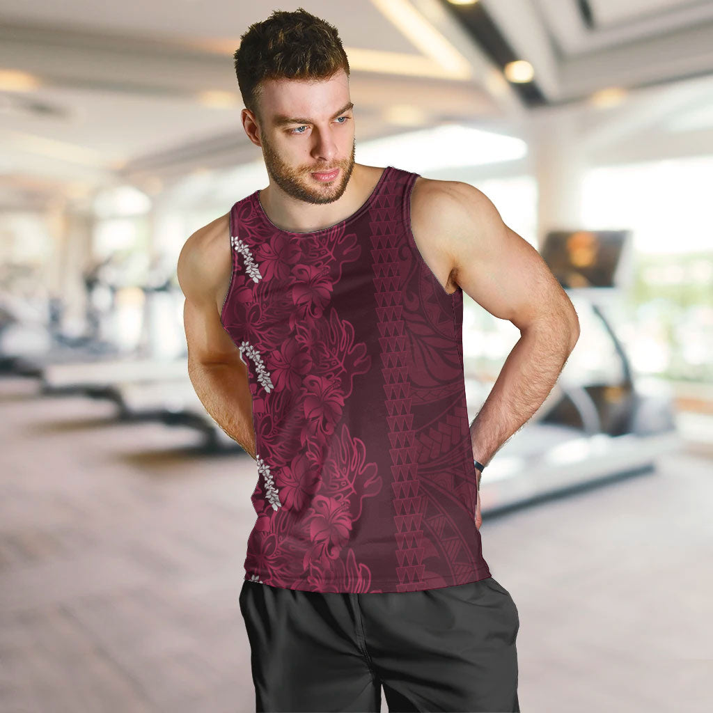 Burgundy Hibiscus Monstera Seamless Kakau Hawaii Men Tank Top LT14 Burgundy - Polynesian Pride