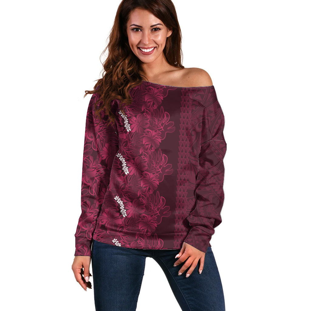 Burgundy Hibiscus Monstera Seamless Kakau Hawaii Off Shoulder Sweater LT14 Women Burgundy - Polynesian Pride