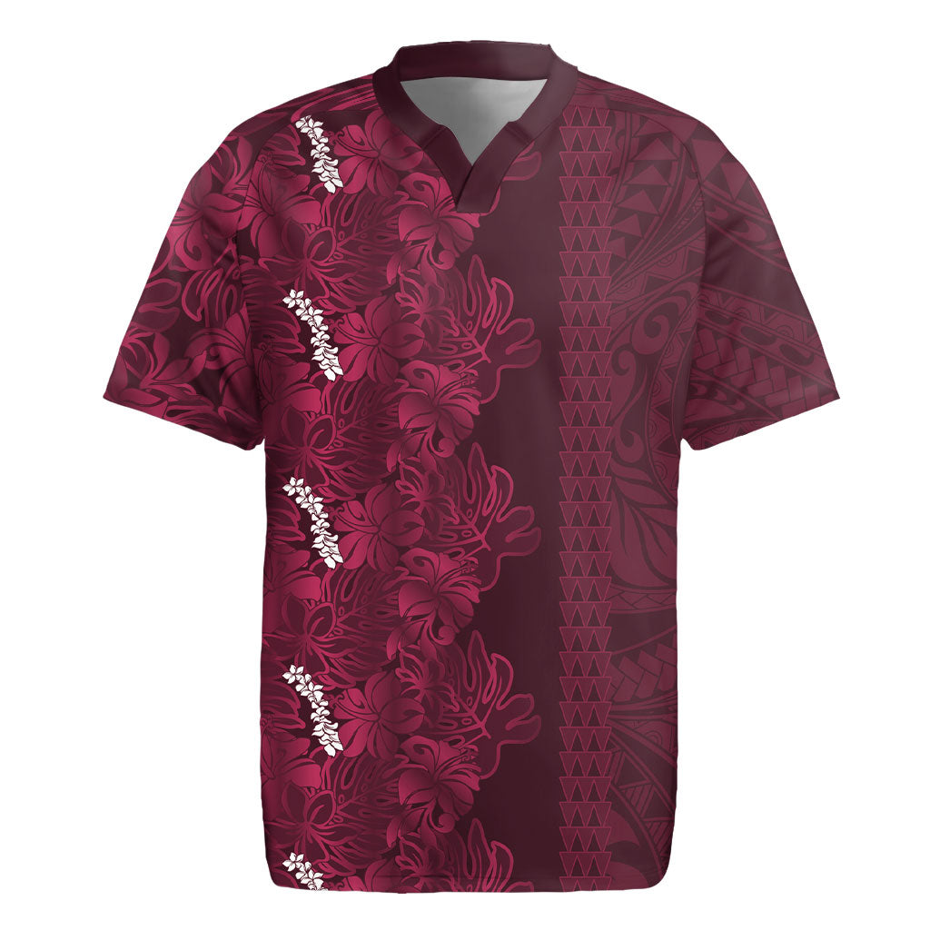 Burgundy Hibiscus Monstera Seamless Kakau Hawaii Rugby Jersey LT14 Burgundy - Polynesian Pride