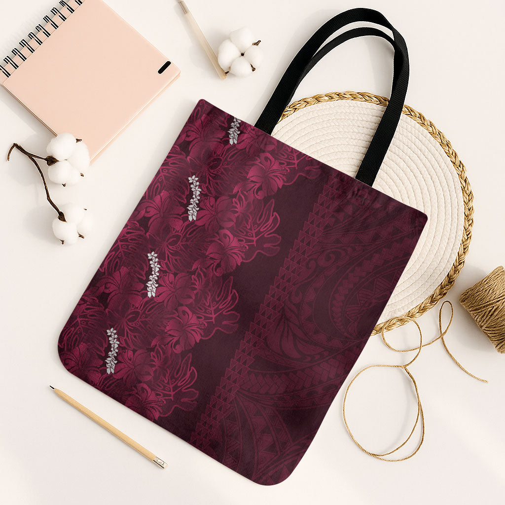 Burgundy Hibiscus Monstera Seamless Kakau Hawaii Tote Bag