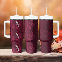 Burgundy Hibiscus Monstera Seamless Kakau Hawaii Tumbler With Handle LT14 - Polynesian Pride