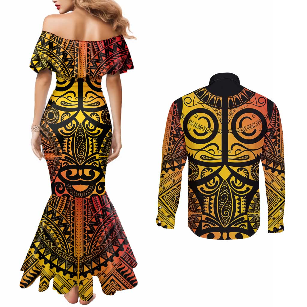 Marquesas Islands Couples Matching Mermaid Dress and Long Sleeve Button Shirt Marquesan Tattoo Yellow Gradient - Polynesian Pride