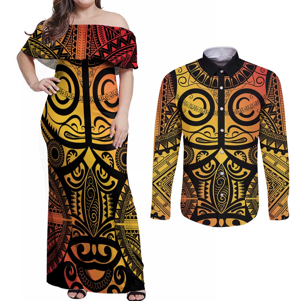 Marquesas Islands Couples Matching Off Shoulder Maxi Dress and Long Sleeve Button Shirt Marquesan Tattoo Yellow Gradient LT14 Yellow - Polynesian Pride