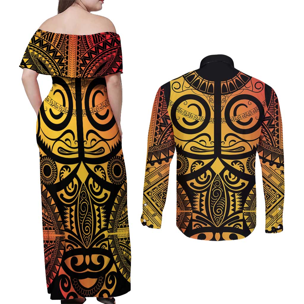 Marquesas Islands Couples Matching Off Shoulder Maxi Dress and Long Sleeve Button Shirt Marquesan Tattoo Yellow Gradient LT14 - Polynesian Pride