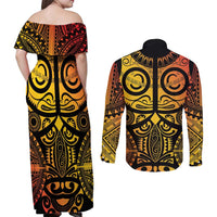 Marquesas Islands Couples Matching Off Shoulder Maxi Dress and Long Sleeve Button Shirt Marquesan Tattoo Yellow Gradient LT14 - Polynesian Pride
