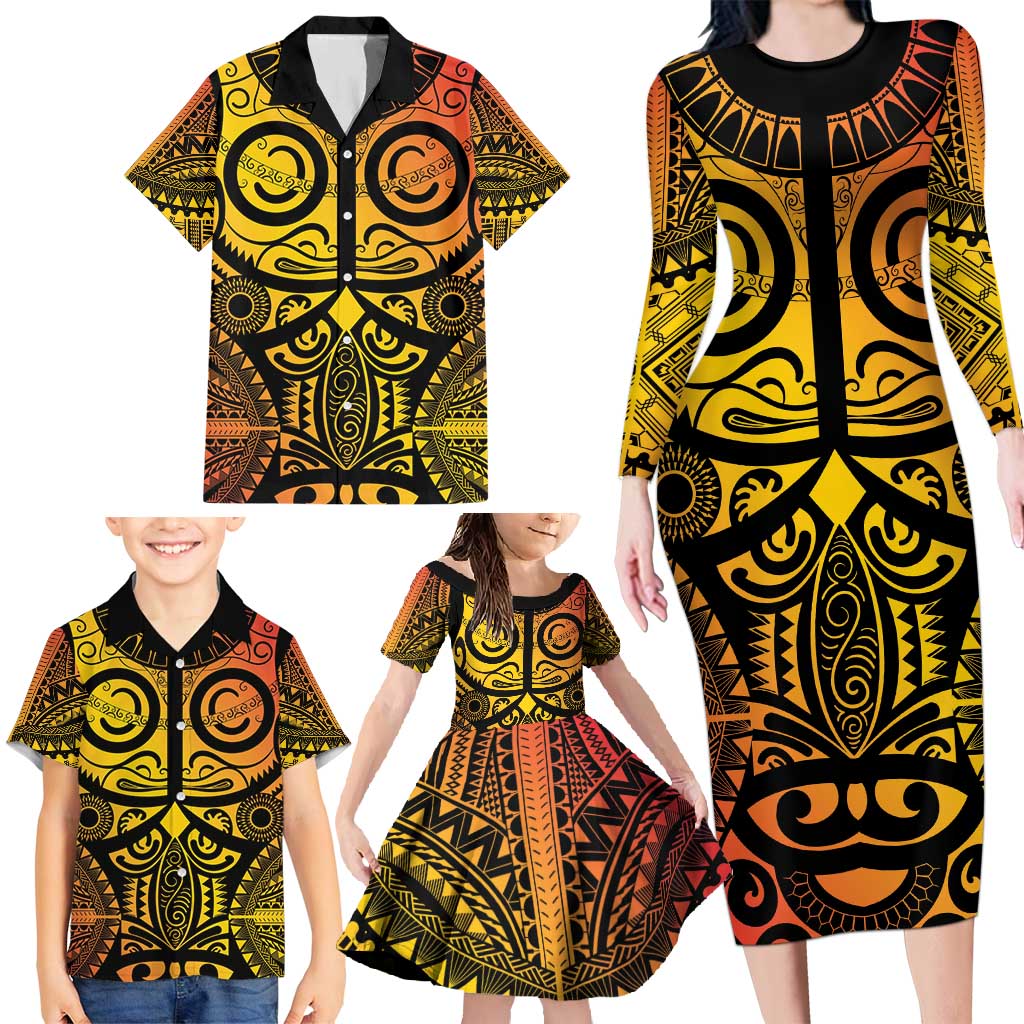 Marquesas Islands Family Matching Long Sleeve Bodycon Dress and Hawaiian Shirt Marquesan Tattoo Yellow Gradient LT14 - Polynesian Pride