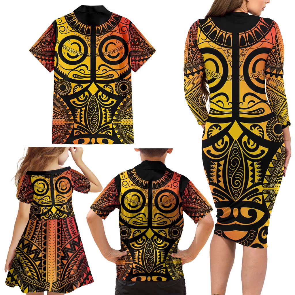 Marquesas Islands Family Matching Long Sleeve Bodycon Dress and Hawaiian Shirt Marquesan Tattoo Yellow Gradient LT14 - Polynesian Pride