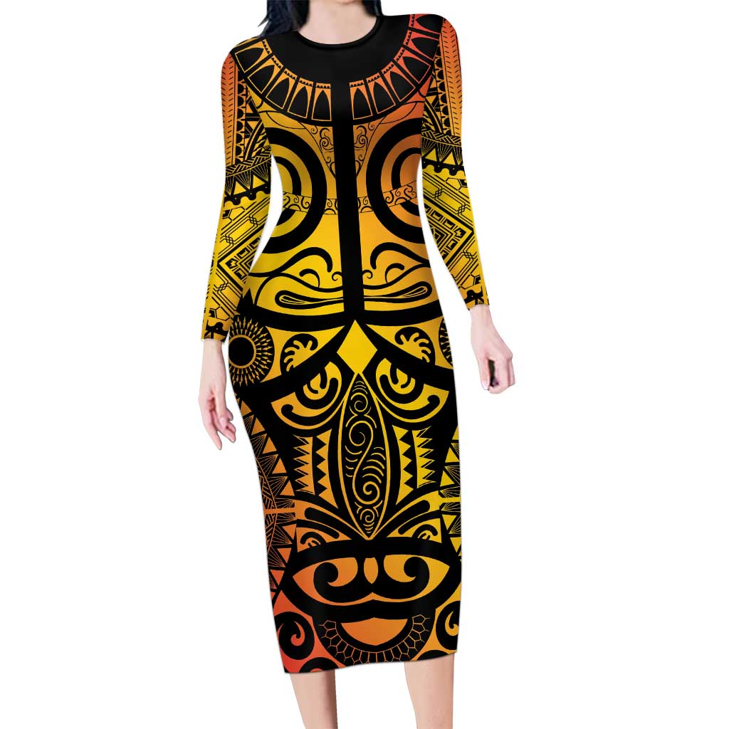 Marquesas Islands Family Matching Long Sleeve Bodycon Dress and Hawaiian Shirt Marquesan Tattoo Yellow Gradient LT14 Mom's Dress Yellow - Polynesian Pride