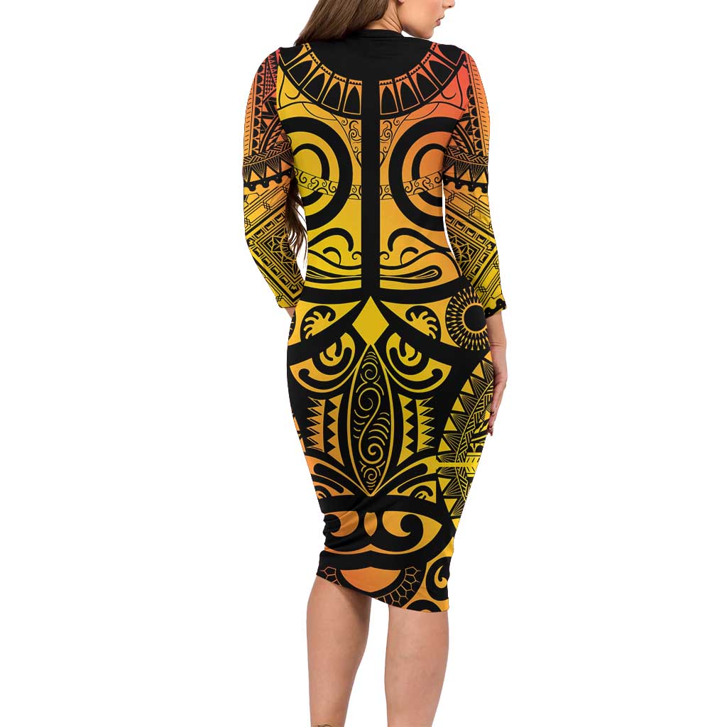 Marquesas Islands Family Matching Long Sleeve Bodycon Dress and Hawaiian Shirt Marquesan Tattoo Yellow Gradient LT14 - Polynesian Pride
