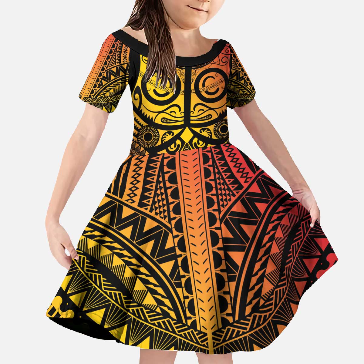 Marquesas Islands Family Matching Off The Shoulder Long Sleeve Dress and Hawaiian Shirt Marquesan Tattoo Yellow Gradient LT14 Daughter's Dress Yellow - Polynesian Pride